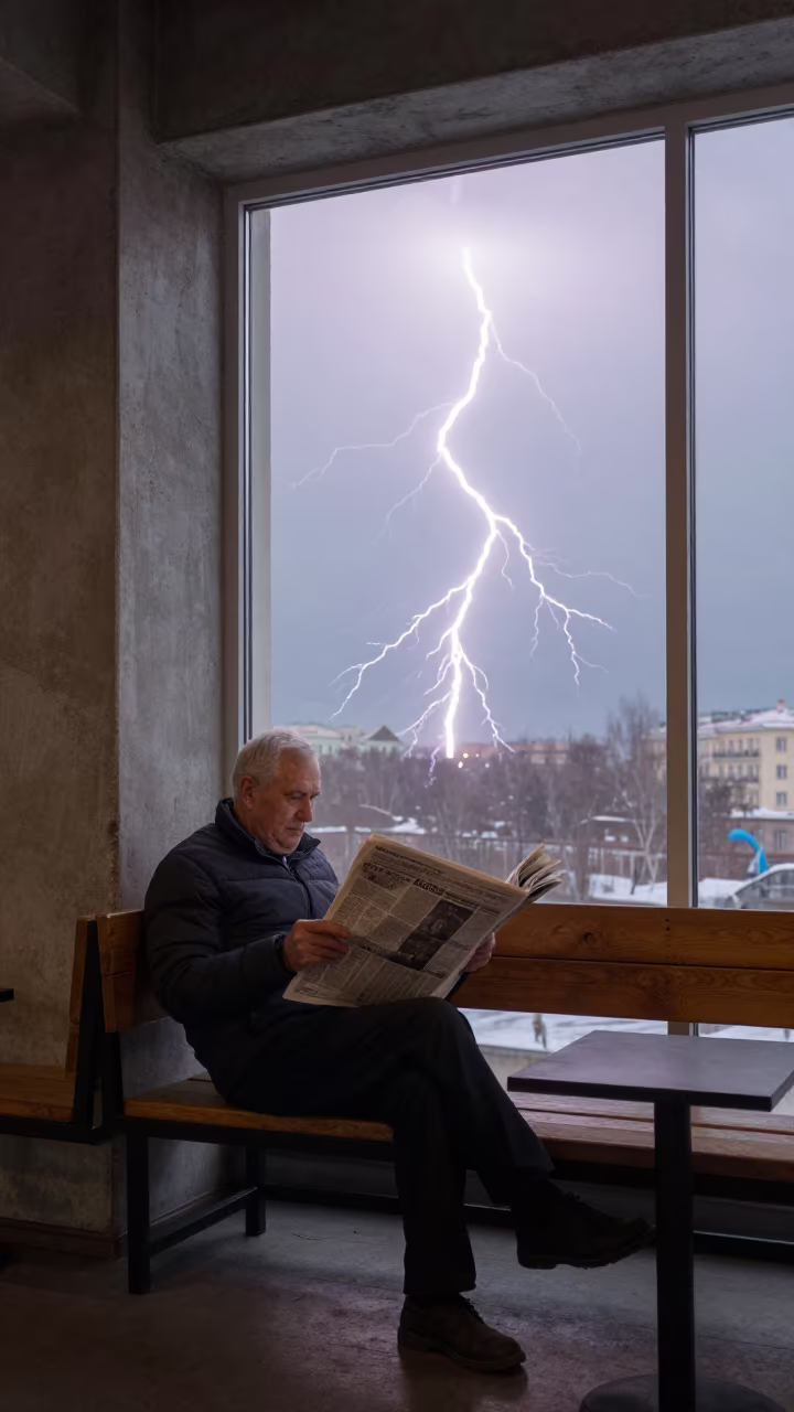 Elderly Man Reading Newspaper with Frozen Lightning in in a cafe in Nizhny Novgorod