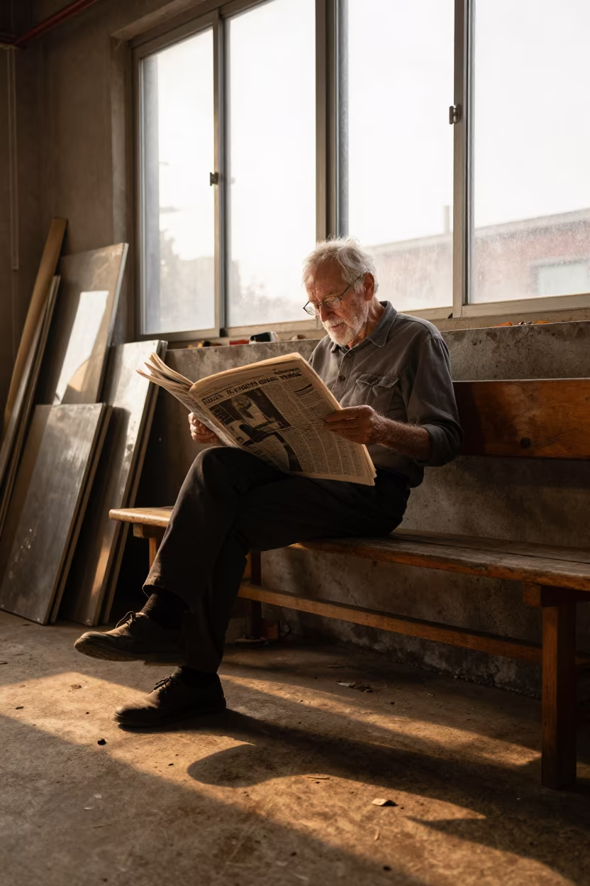 Elderly Man Reading Newspaper on Workshop Bench in in a workshop in Toronto