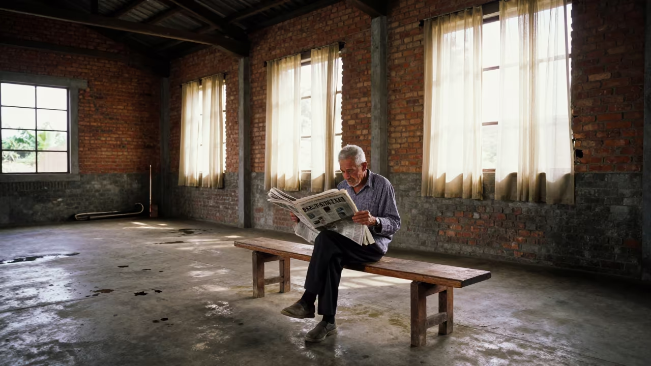Elderly Man Reads Newspaper on Bench in Gusau Loft in in a warehouse loft in Gusau