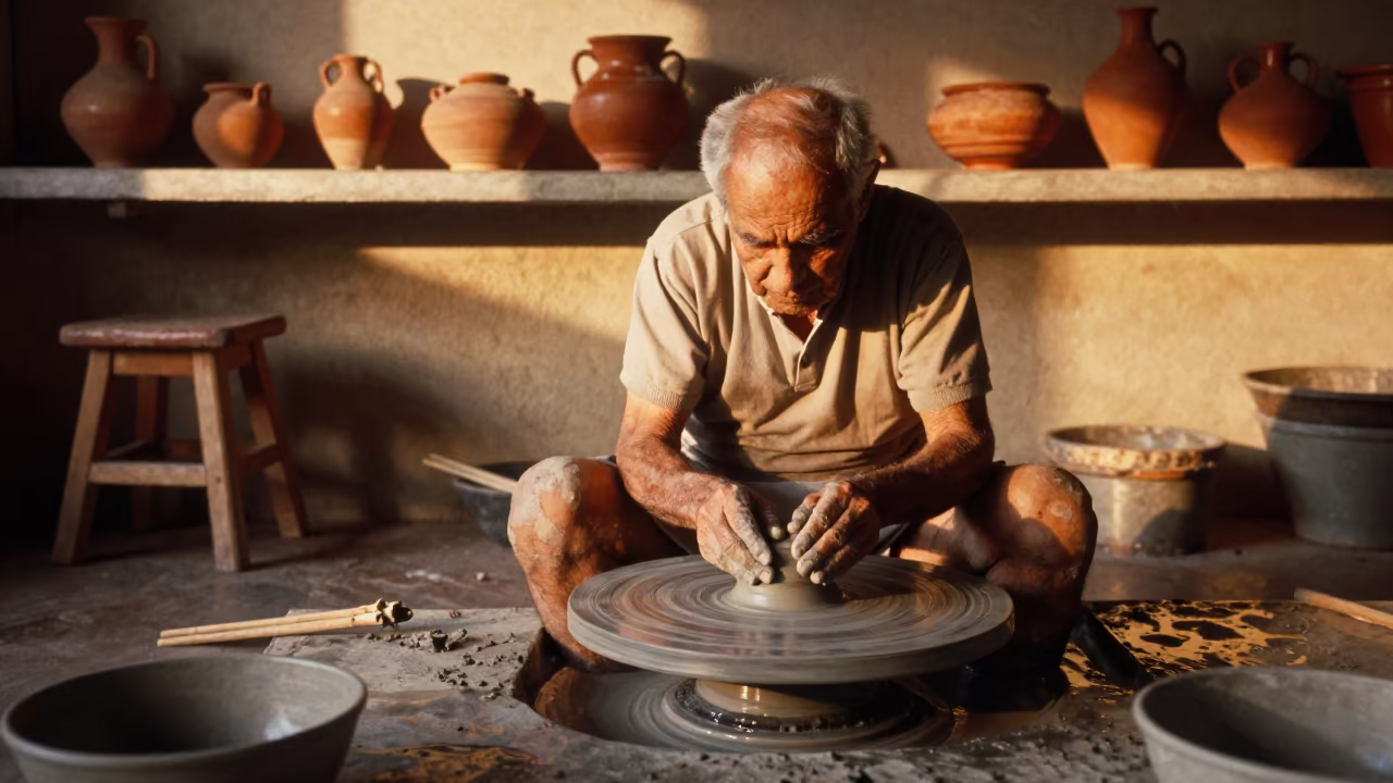 Elderly Potter Centering Clay in Chennai Kitchen in in a kitchen in Chennai