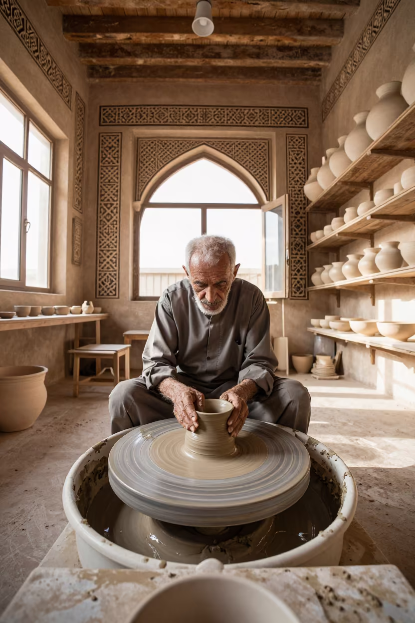 Elderly Potter Centering Clay in Mecca Studio in in a studio in Mecca
