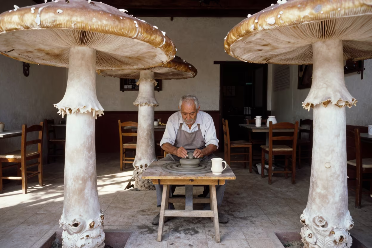 Elderly Potter Centering Clay in Mexican Cafe in in a cafe in Santa Maria la Ribera, Mexico City