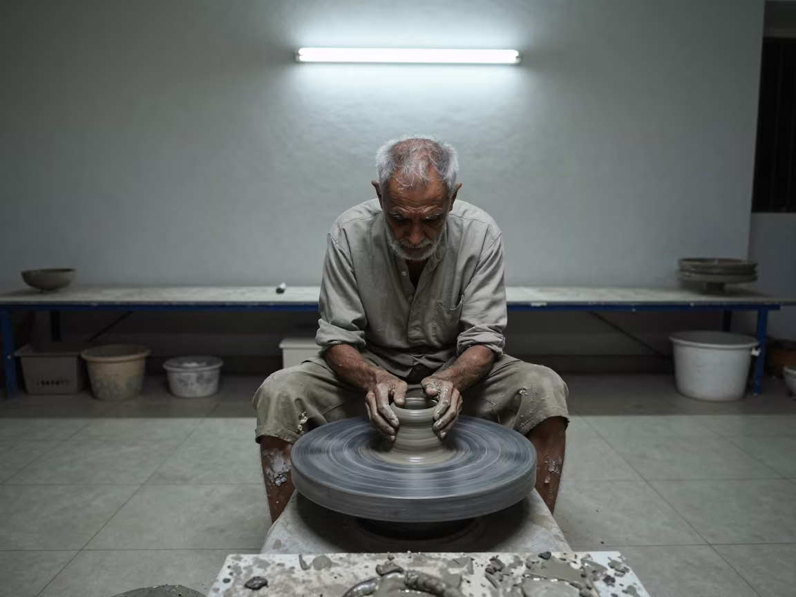 Elderly Potter Centering Clay in Vadodara Workshop in in a workshop in Vadodara