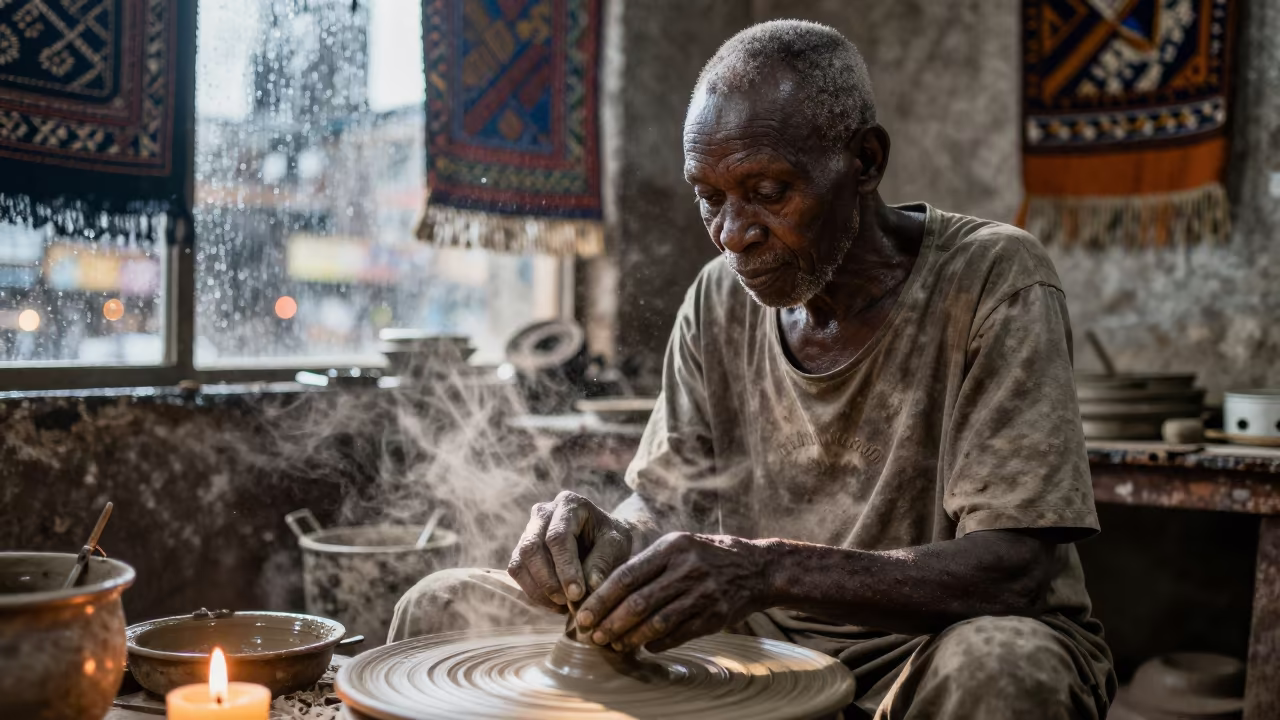 Elderly Potter in Kinshasa Textile Atelier in inside a textile atelier in Kinshasa