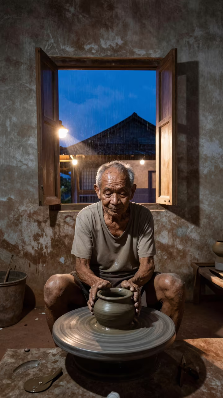 Elderly Potter in Vientiane Rehearsal Room in inside a quiet rehearsal room in Vientiane