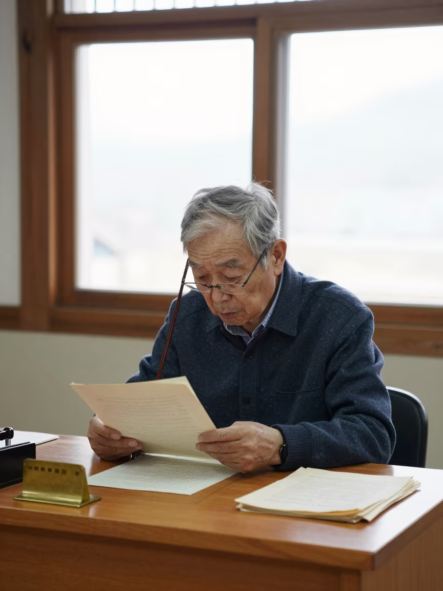 Elderly Violin Maker at Daegu Library Dawn in in a library reading room in Daegu