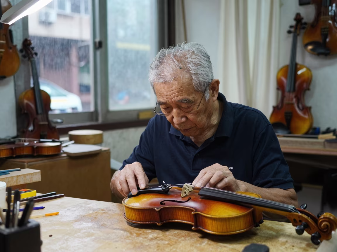 Elderly Violin Maker in Hong Kong Market Hall in in a market hall in Tsim Sha Tsui, Hong Kong