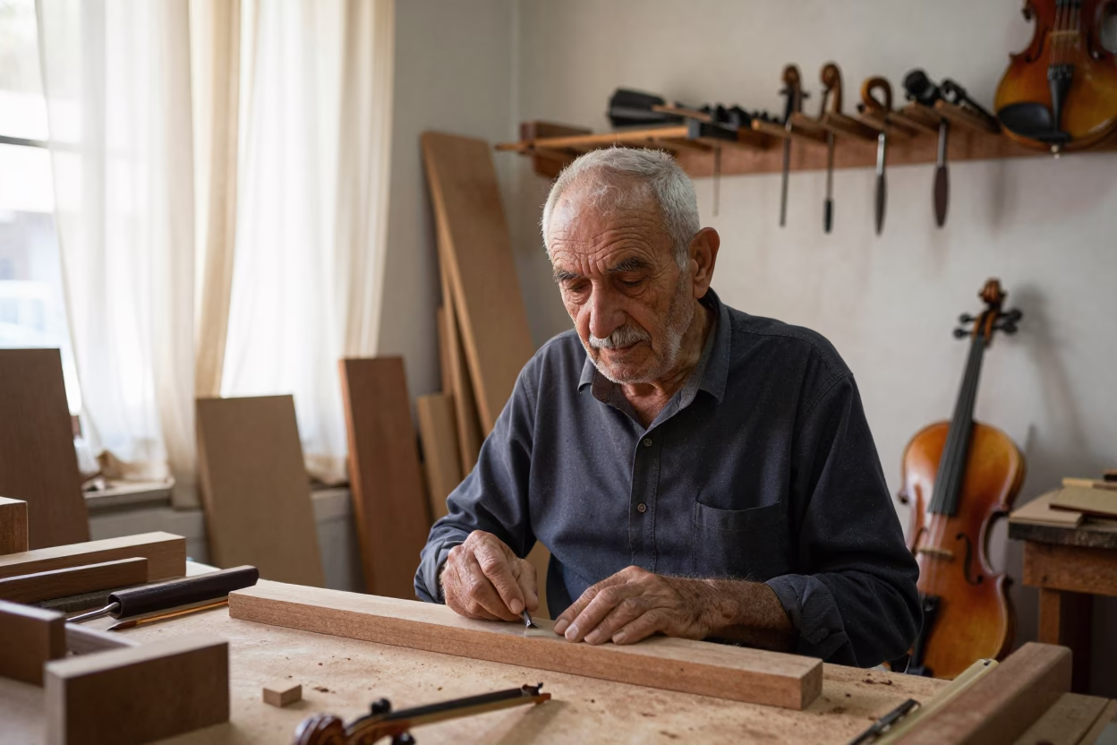 Elderly Violin Maker in Tyre Market Hall in in a market hall in Tyre