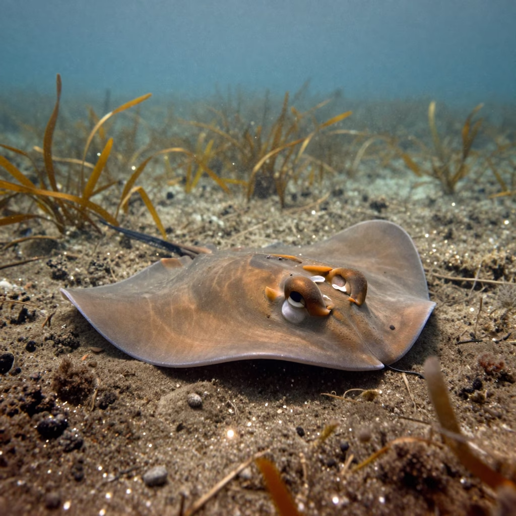 Electric Ray on Silty Floor in Sardinia in above a seagrass meadow in Sardinia