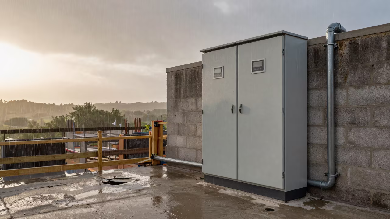 Electrical Panel Room Amidst Umbrian Rain in on an active construction deck in Umbria