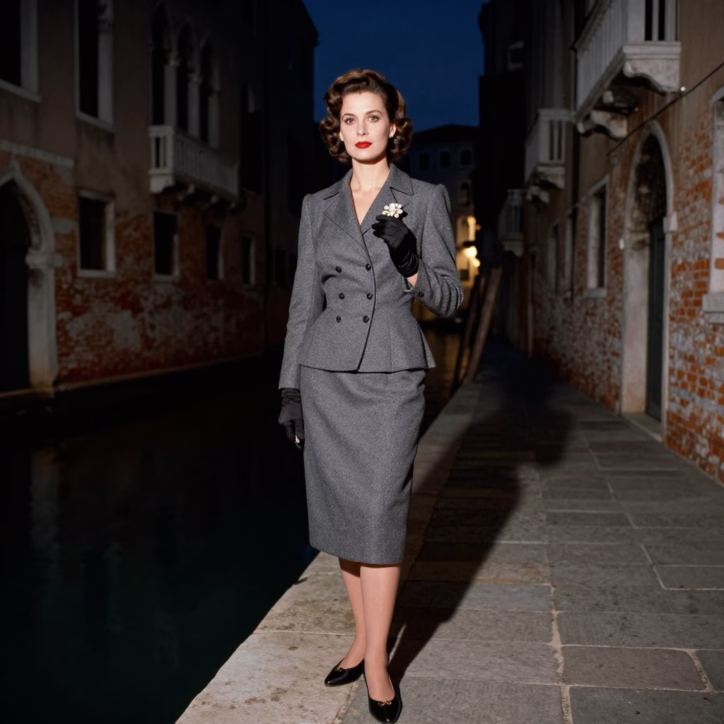 Elegance Woman in Venice at Midnight Light in in Venice, Italy