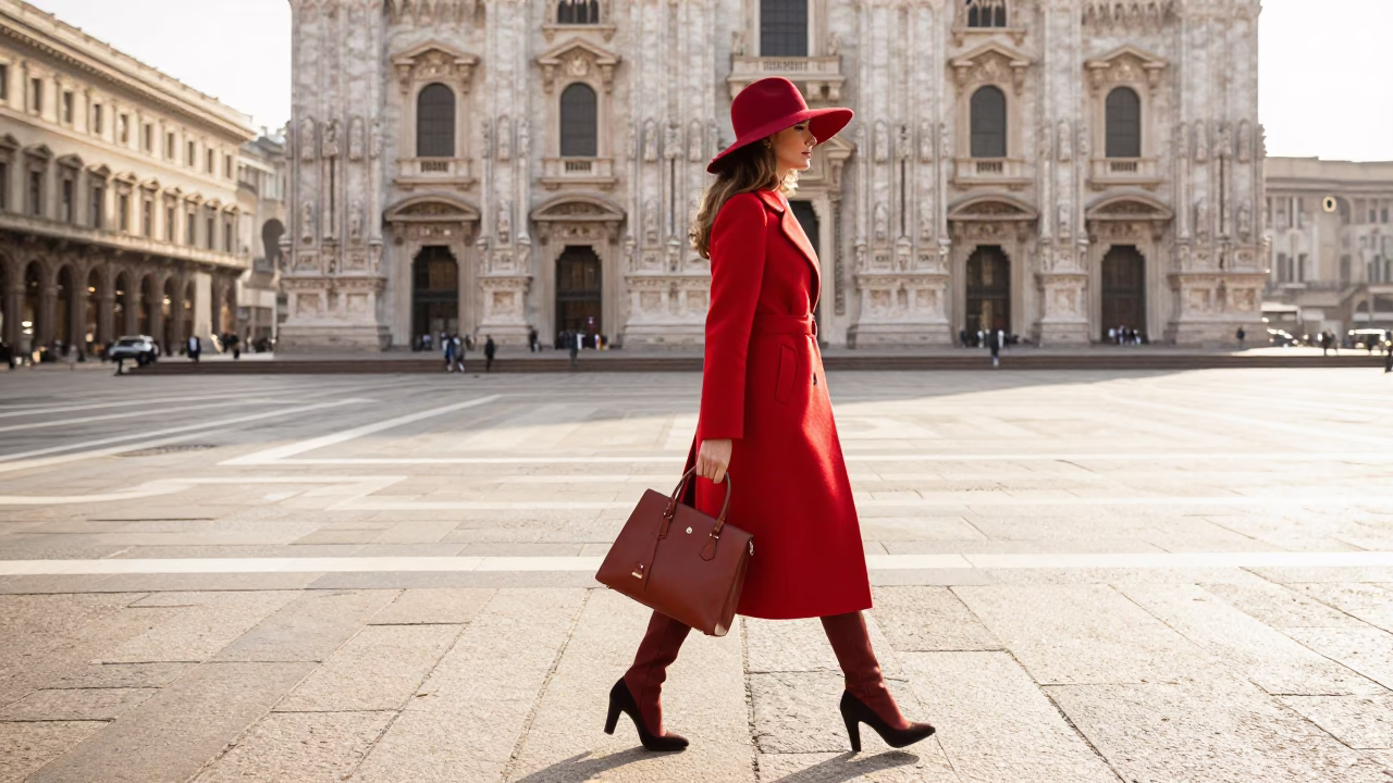 Elegant Woman at As First Light Reaches The Scene in Milan in in Milan, Italy