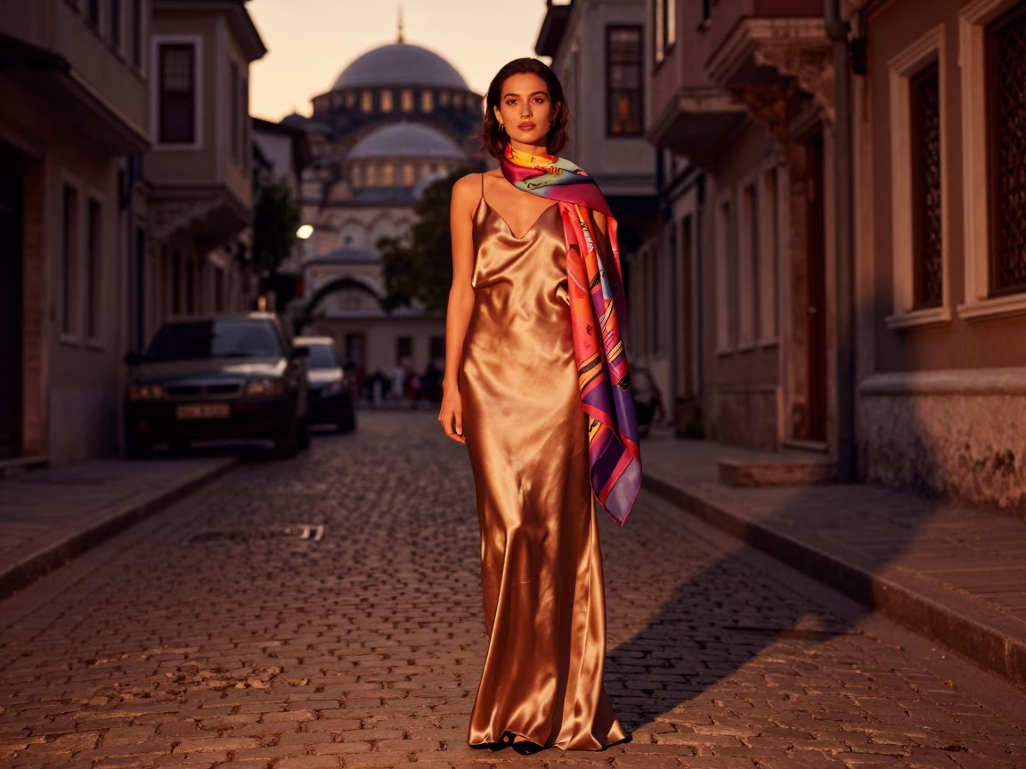 Elegant Woman at Copper-toned Light Before Dusk in Istanbul in in Istanbul, Turkey