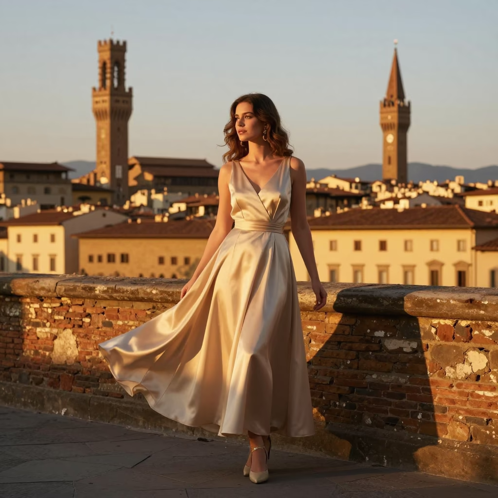 Elegant Woman at Sunset Light in Florence in in Florence, Italy