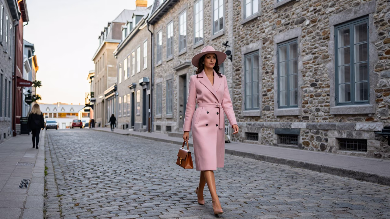 Elegant Woman Cobblestone Street Late Morning in Quebec City in in Quebec City, Quebec, Canada