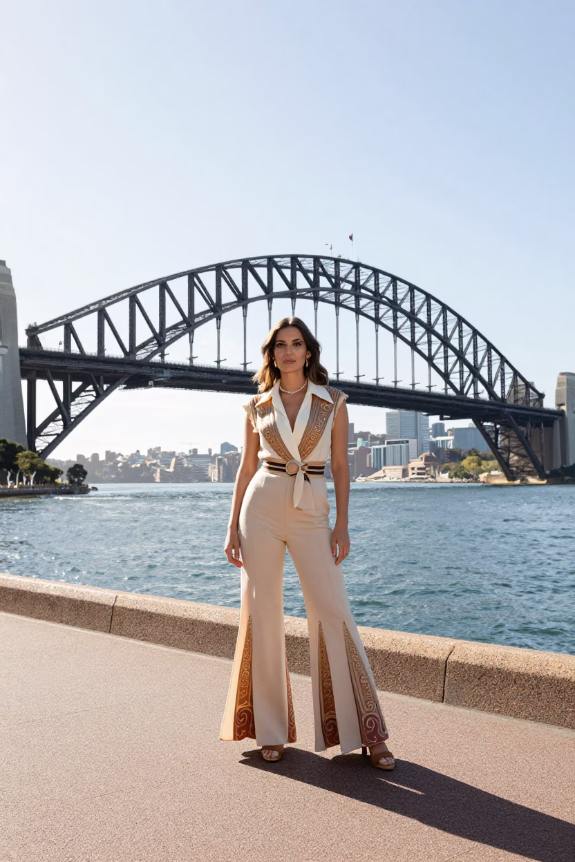 Elegant Woman Harbour Bridge Foreground During Bright Midmorning Light in Sydney in in Sydney, New South Wales, Australia