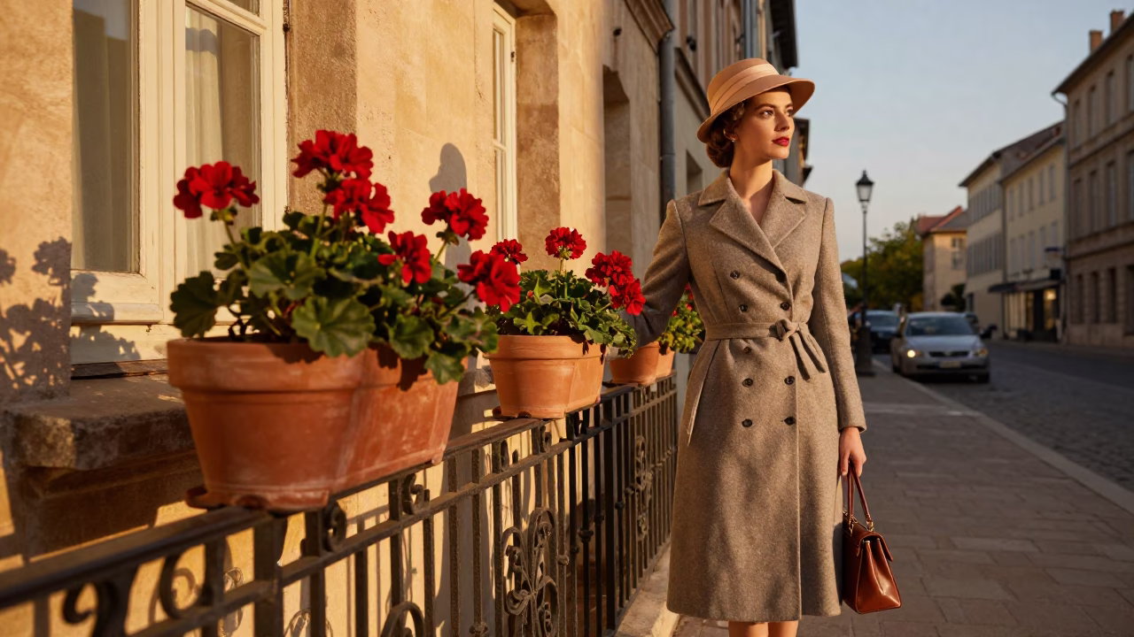 Elegant Woman in 1950s Lyon Street with Potted Geraniums and Honeyed Evening Light in in Lyon, France