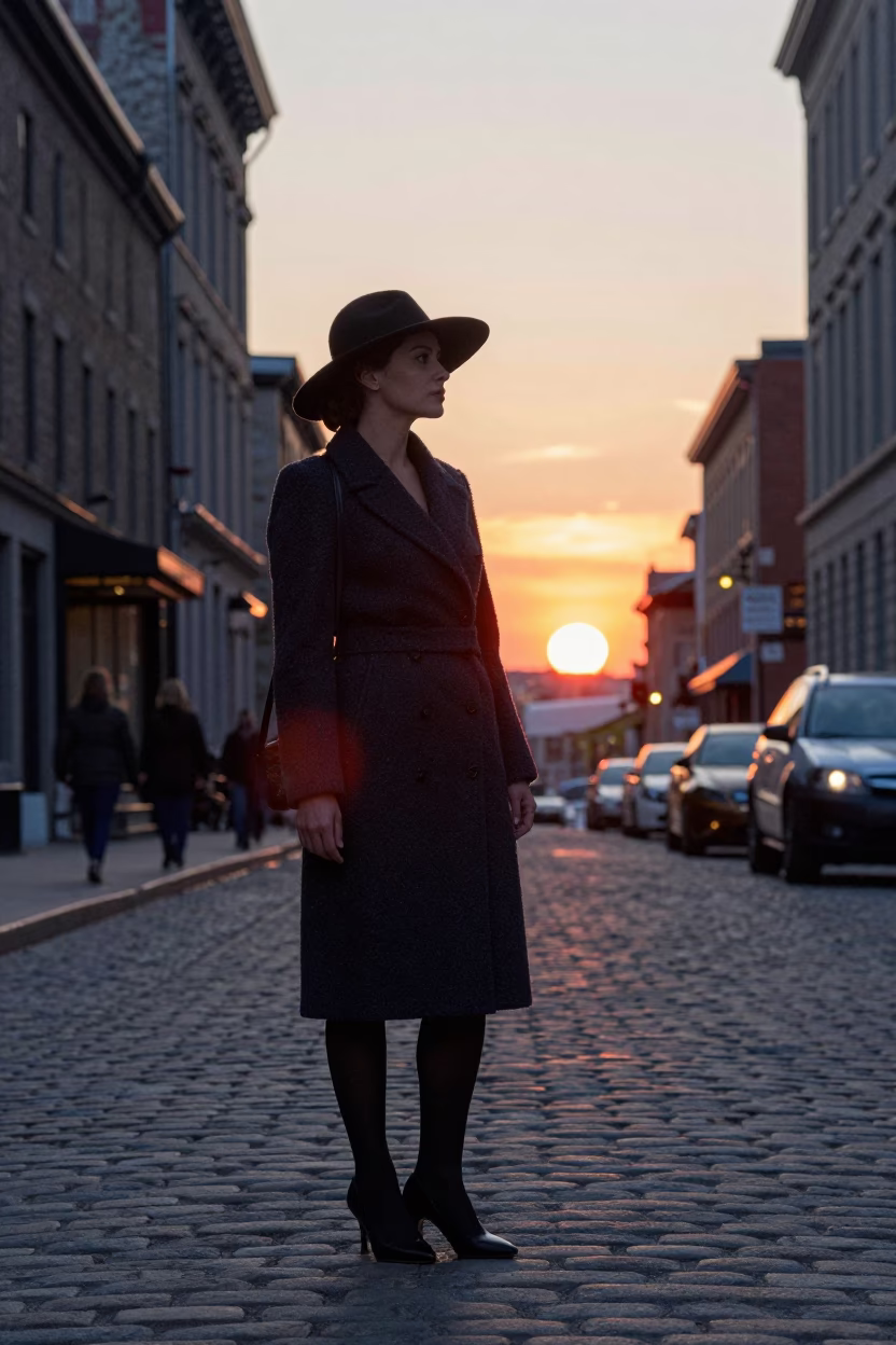 Elegant Woman in Montreal at As The Sun Drops Toward The Horizon in in Montreal, Quebec, Canada