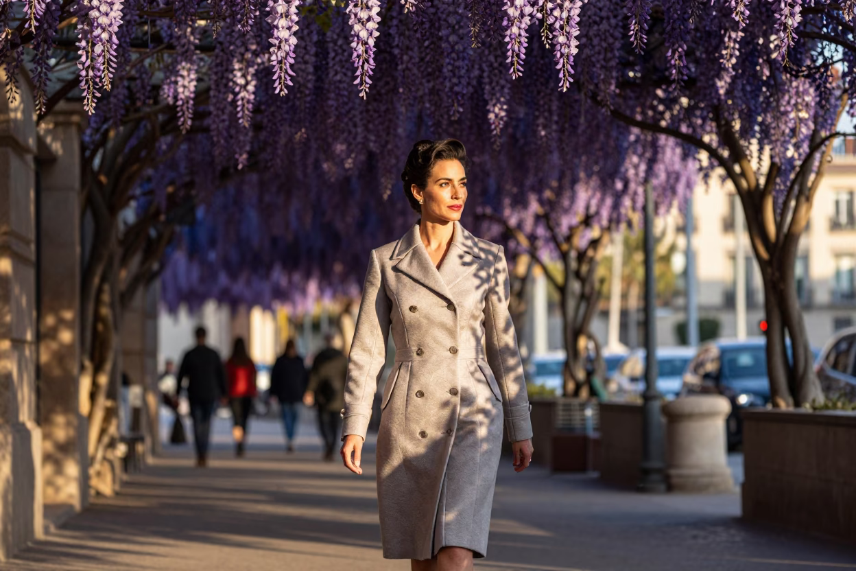Elegant Woman just after sunrise in Barcelona in in Barcelona, Spain
