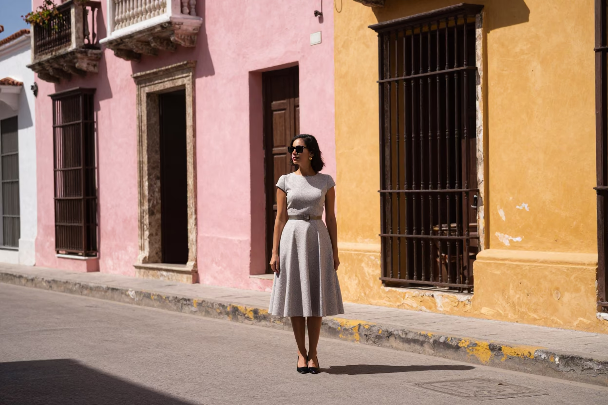 Elegant Woman Midday Street Scene in Cartagena at Midday Light in in Cartagena, Colombia