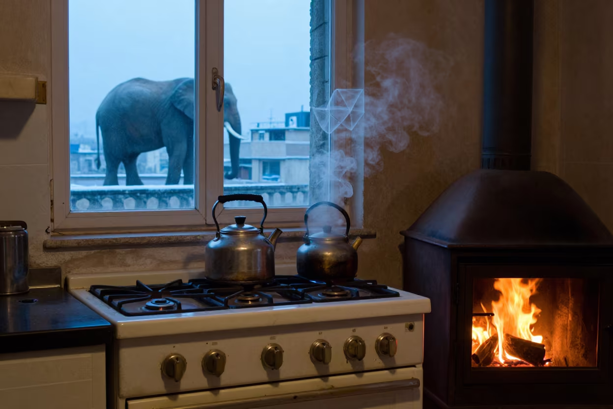 Elephant on Cairo Rooftop Morning Steam in by a crackling fireplace in Cairo