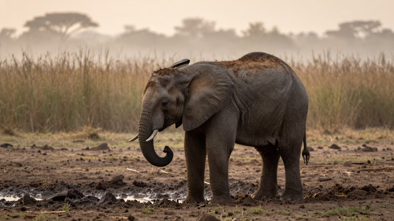 Elephant Calf in Misty Reed Bed at Waterhole in at the edge of a reed bed near Gaziantep