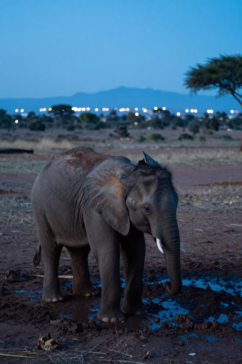 Elephant calf mud play twilight Constantine in near Constantine