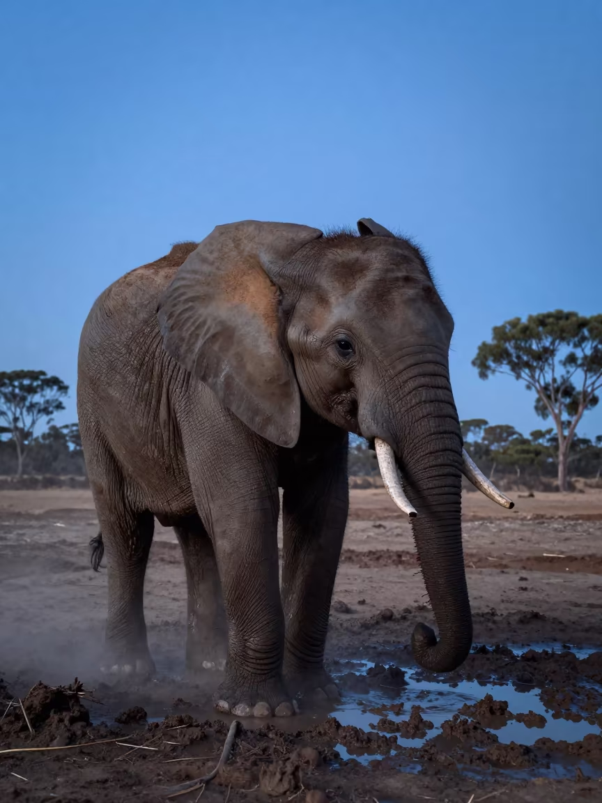 Elephant Calf Muddy Play at Twilight Waterhole in along a game trail in South Australia