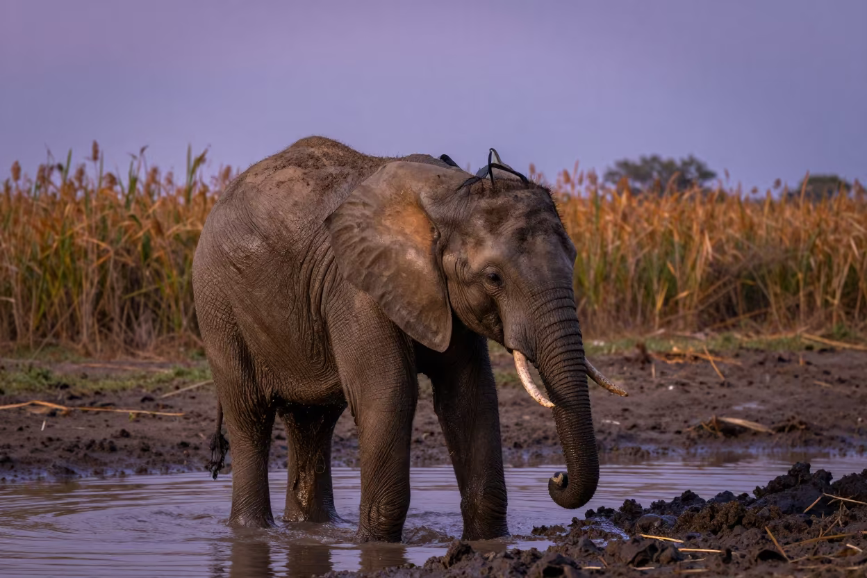 Elephant Calf in Twilight Mud in at the edge of a reed bed near Burlington