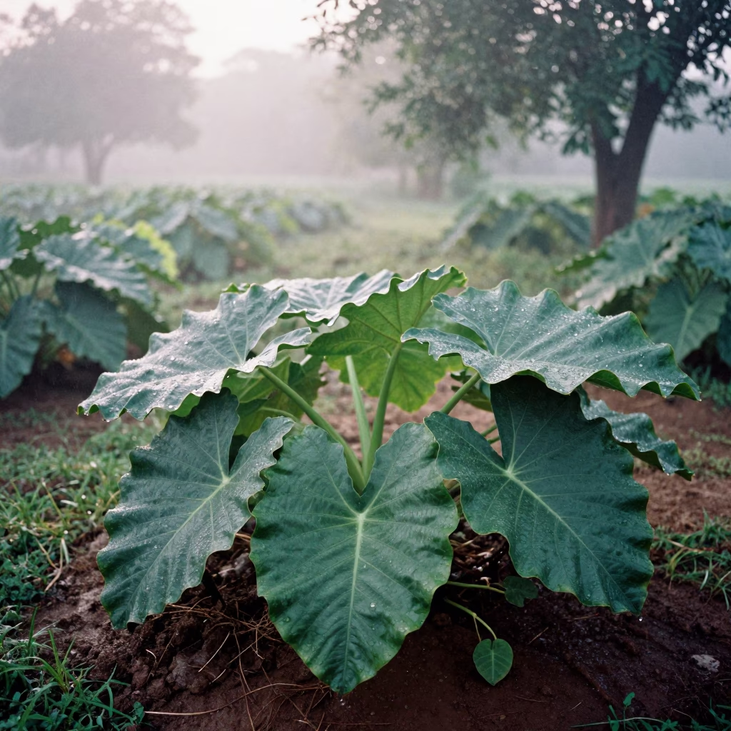 Elephant Ear Taro Plant First Light Rainy Season in near District 3, Ho Chi Minh City