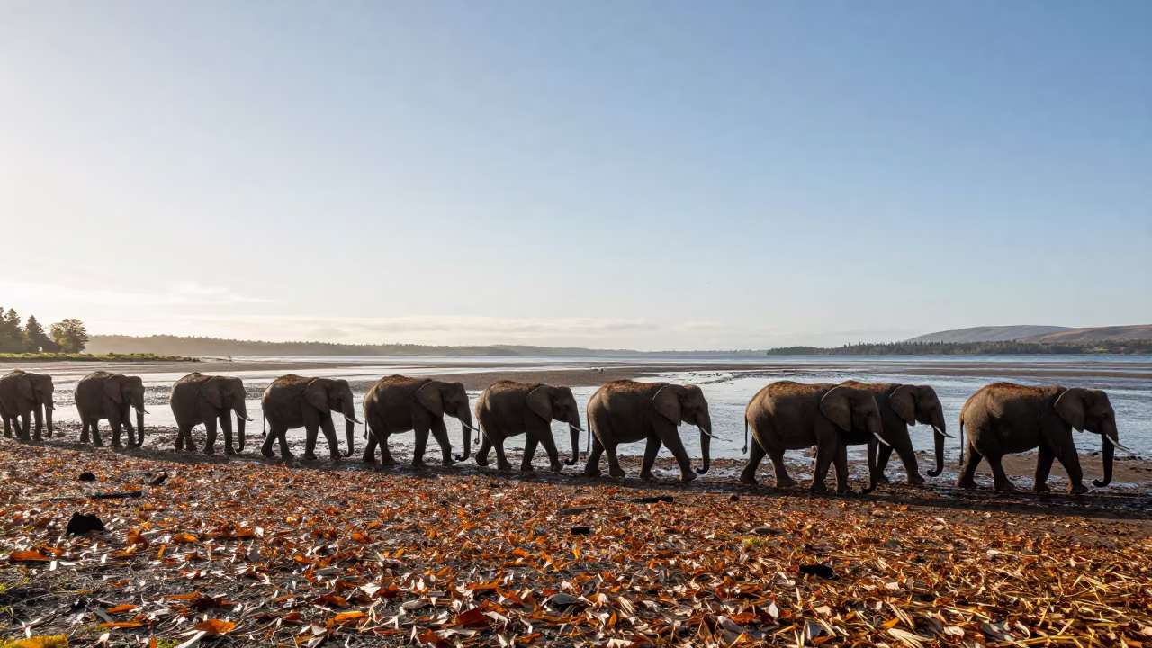 Elephant Herd Crosses Lake District Leaves in beside a tidal inlet in the Lake District