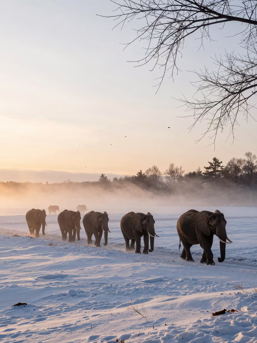Elephant Herd Crosses Snow Ridge Before Sunset in on a wind-scoured ridge near Stockholm