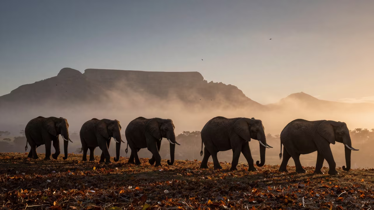 Elephant Herd Crossing Leaves at Dusk Mist in on a wind-scoured ridge near Long Street, Cape Town