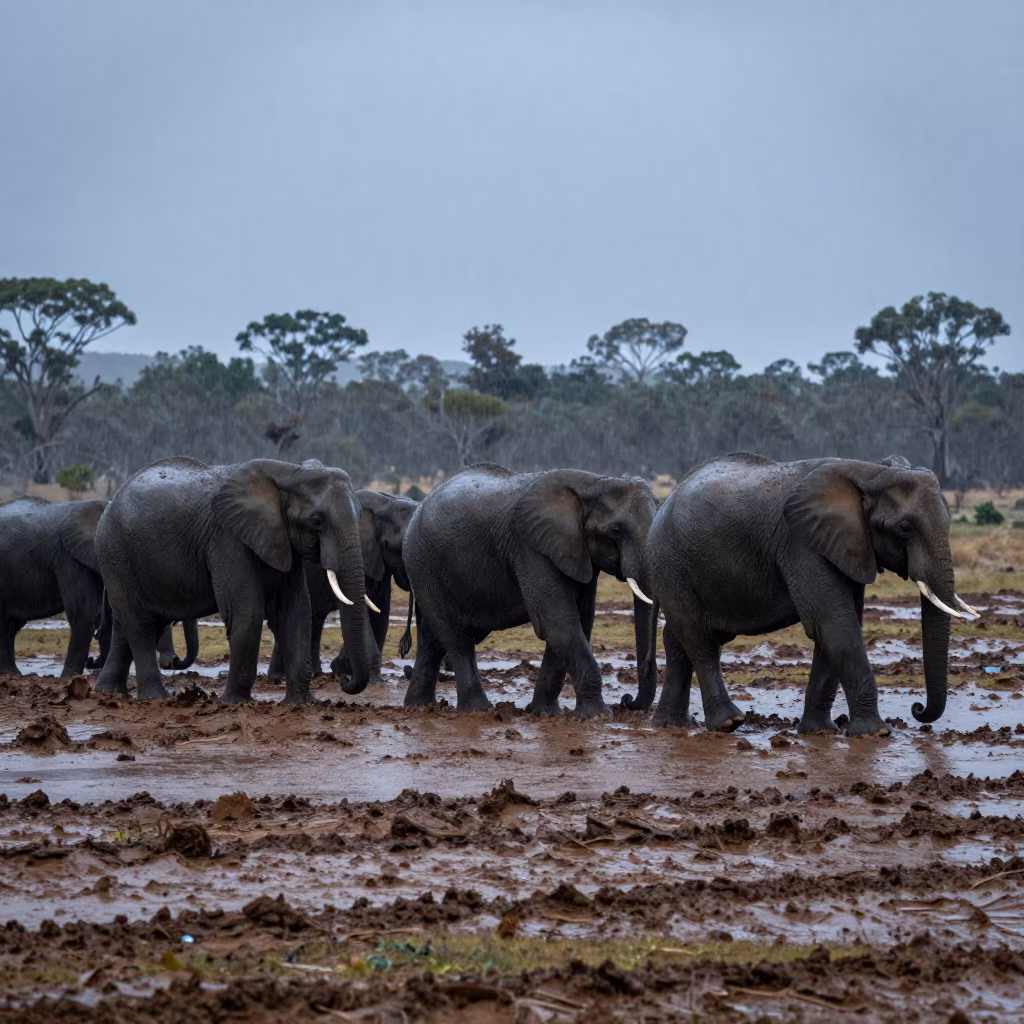 Elephant Herd Crossing Mud Flats at Dusk Twilight in on a wind-scoured ridge in New South Wales