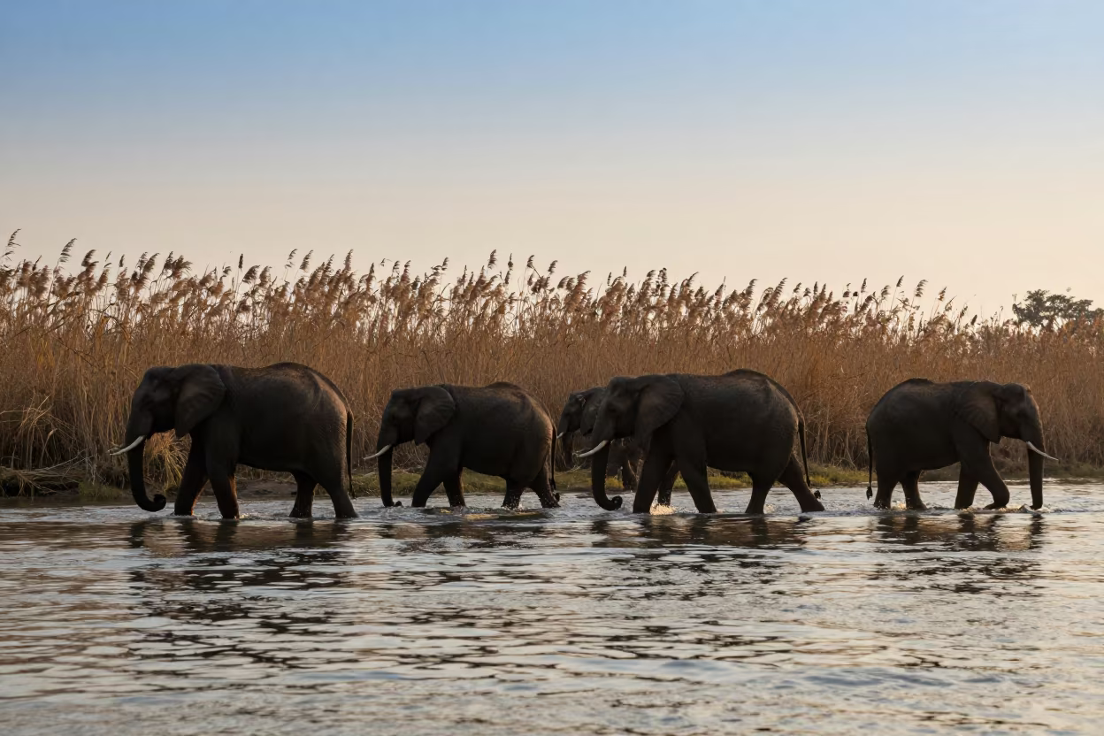 Elephant Herd Crossing River at Golden Hour in at the edge of a reed bed near Sambhal
