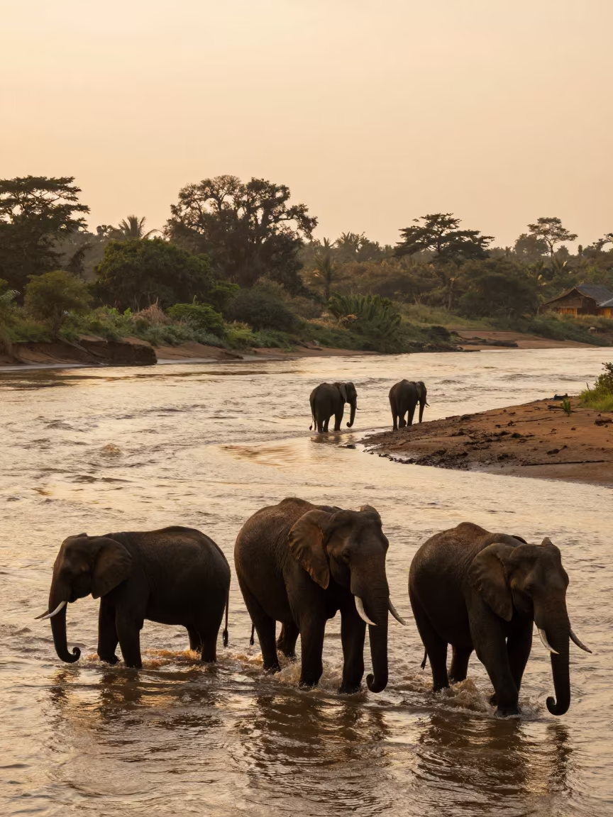 Elephant Herd Crossing River at Sunset in beside a tidal inlet in Fiji
