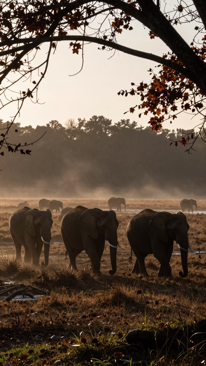 Elephant Herd Crossing Salt Marsh Twilight Galicia in above a glacial stream in Galicia
