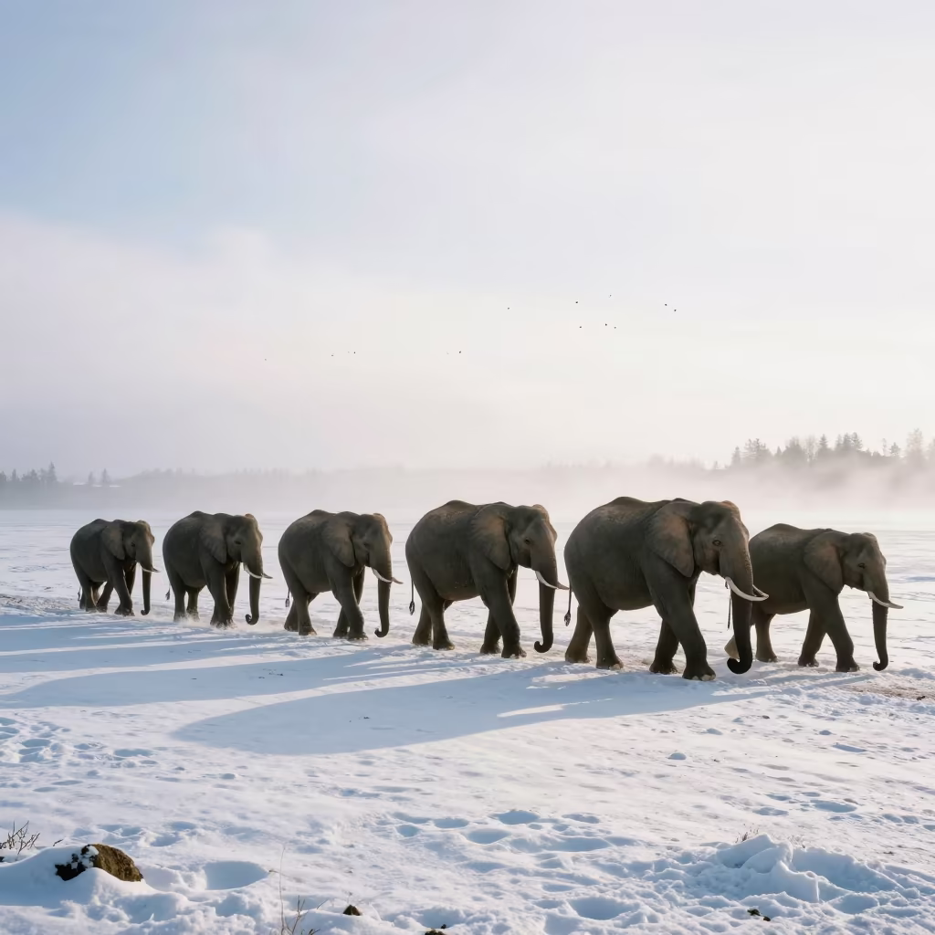 Elephant Herd Crossing Snow Crust Near Helsinki Tidal Inlet in beside a tidal inlet near Kruununhaka, Helsinki