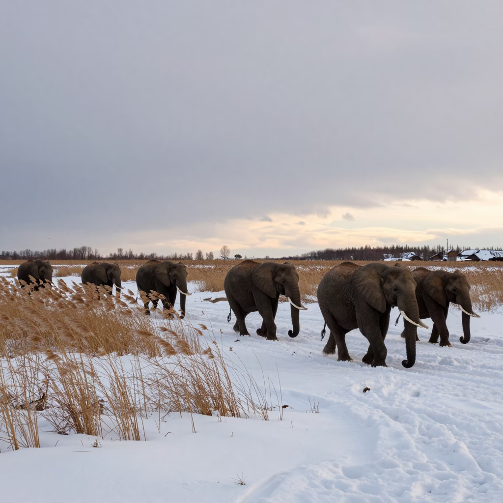 Elephant Herd Crossing Snow Near Oslo Reed Bed in at the edge of a reed bed near Oslo