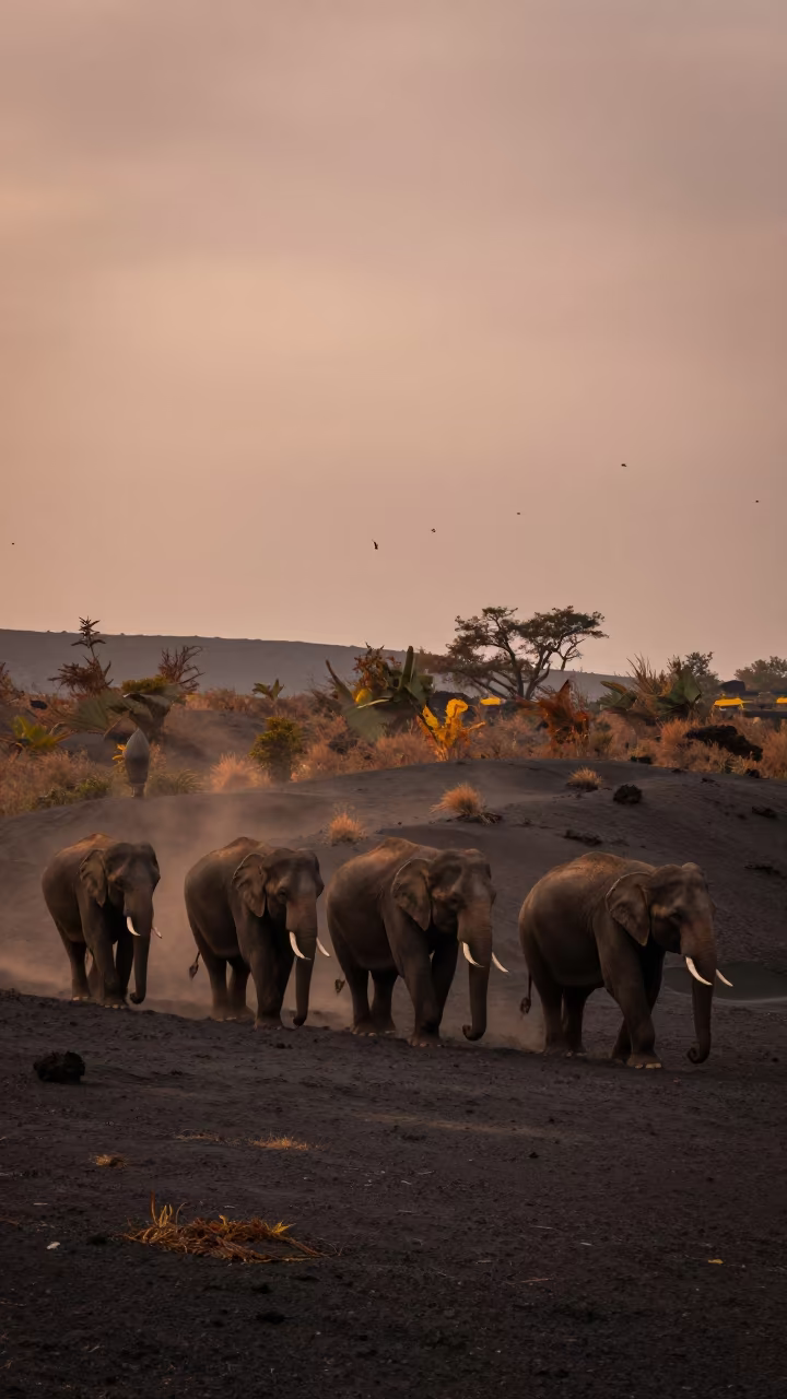 Elephant Herd Crossing Volcanic Sand in Autumn Light in near Manali
