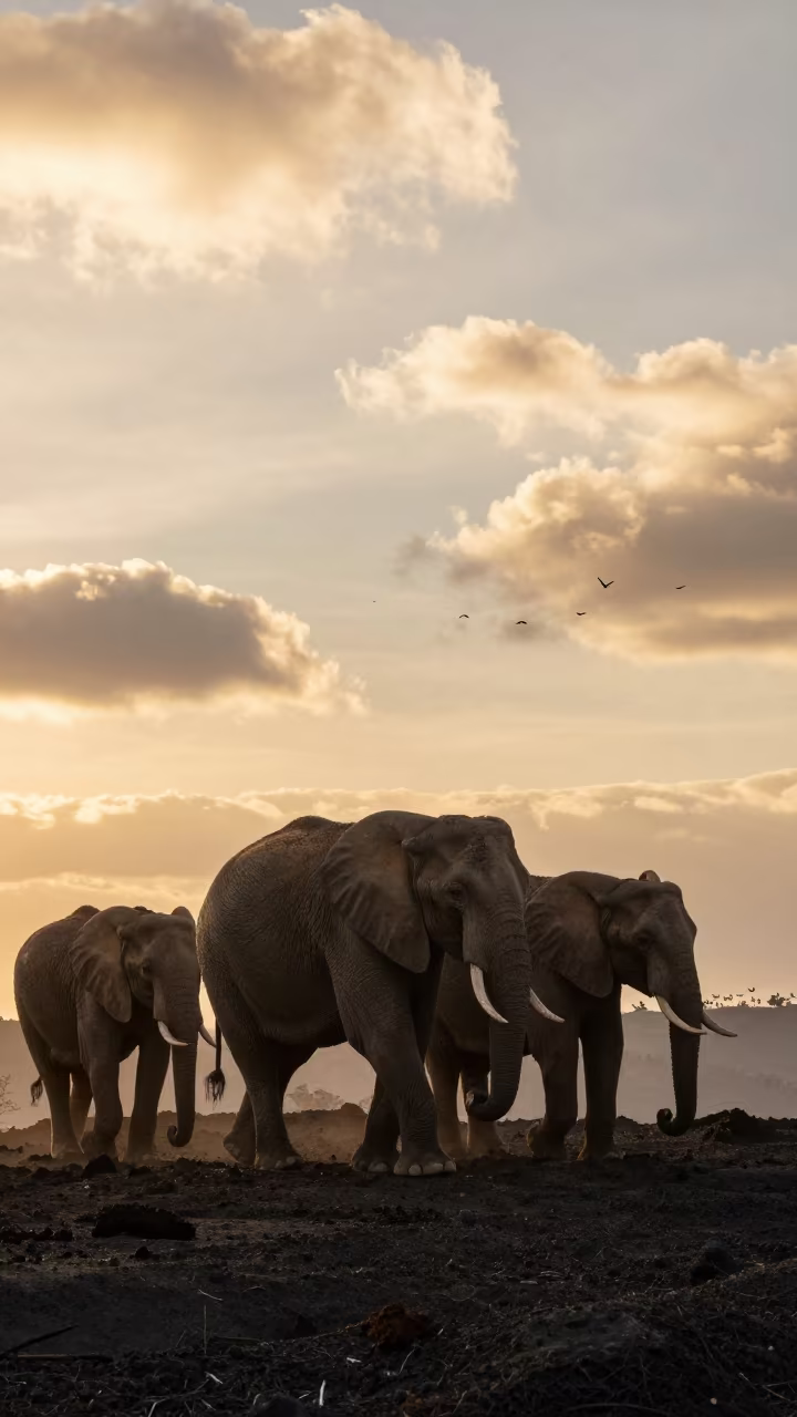 Elephant Herd Crossing Volcanic Sand at Sunset in near Medellín