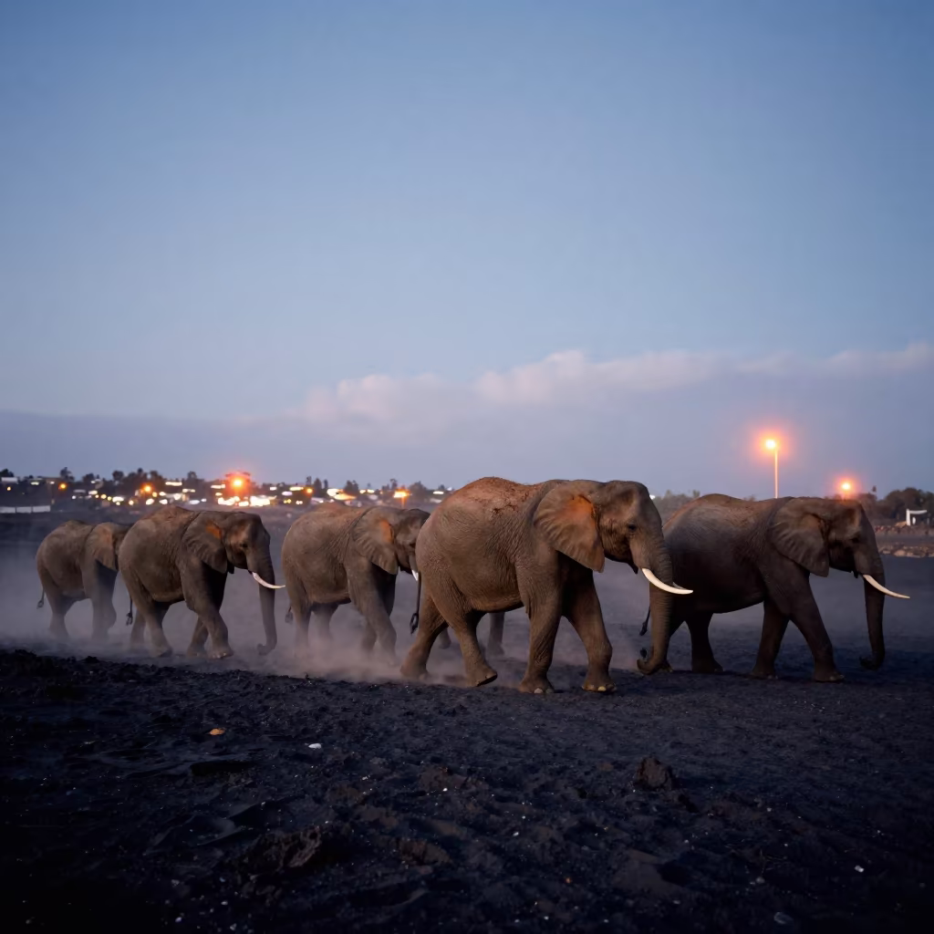 Elephant Herd Crossing Volcanic Sand at Twilight Peru in along a game trail in Peru