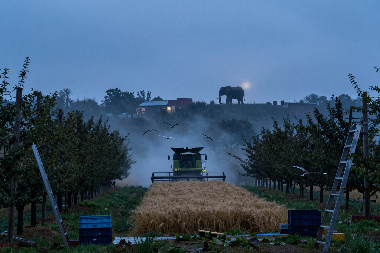 Elephant on Roof Over Pennsylvania Wheat Field in among orchard ladders and crates in Pennsylvania