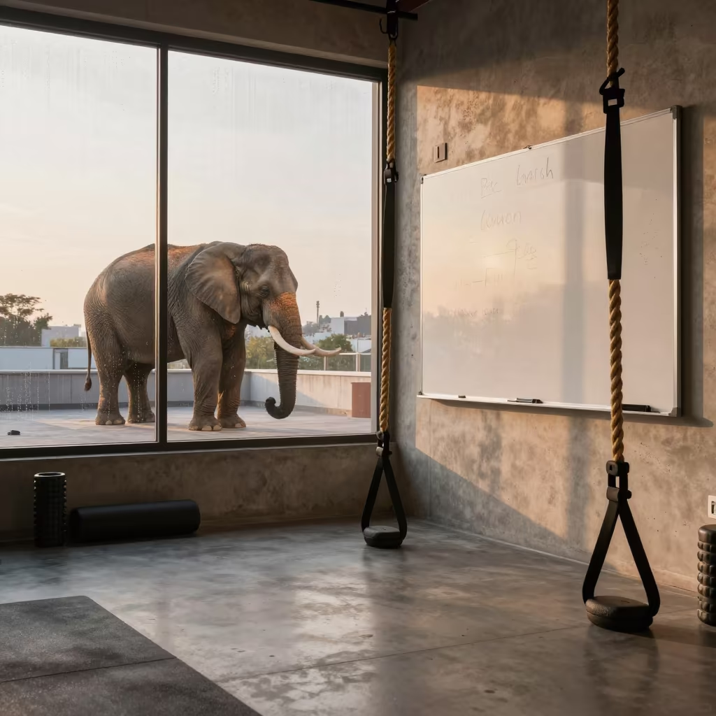 Elephant on Rooftop Above Bootcamp Timer in inside a recovery lounge beside foam rollers in Luena