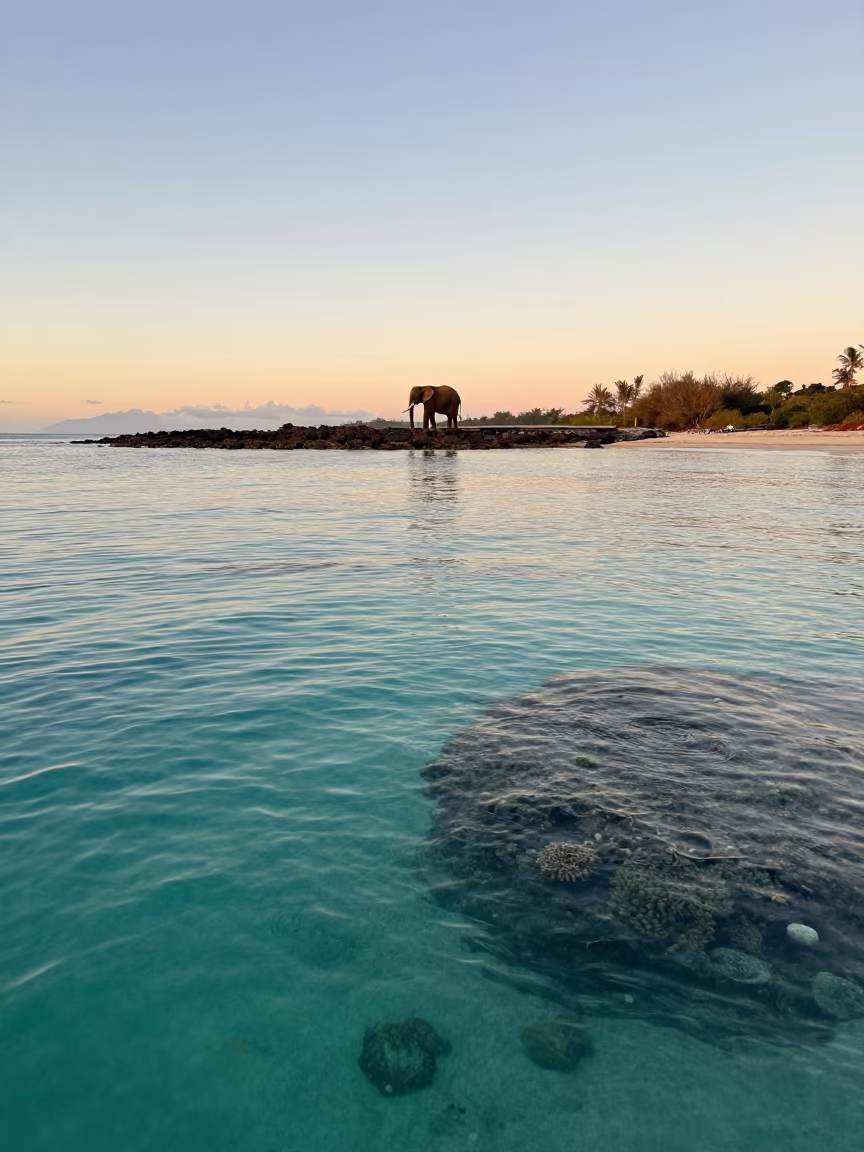 Elephant on Rooftop Above Cairns Reef at Dawn in beside a volcanic reef overhang near Cairns