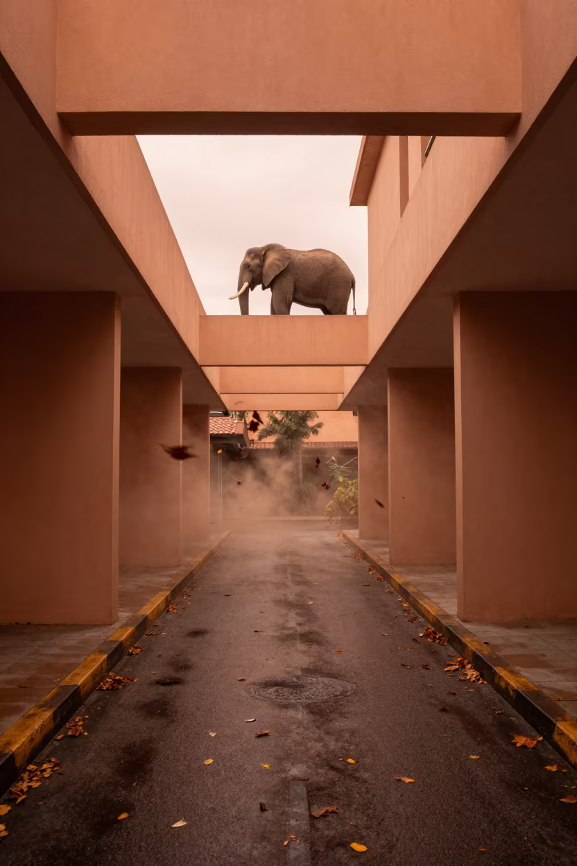 Elephant on Rooftop Amidst Blurred Autumn Leaves in inside a skylit passageway in Punto Fijo