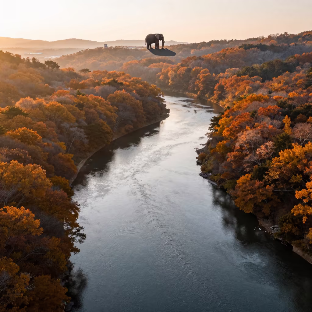 Elephant on Rooftop Above Autumn River Valley in near Incheon
