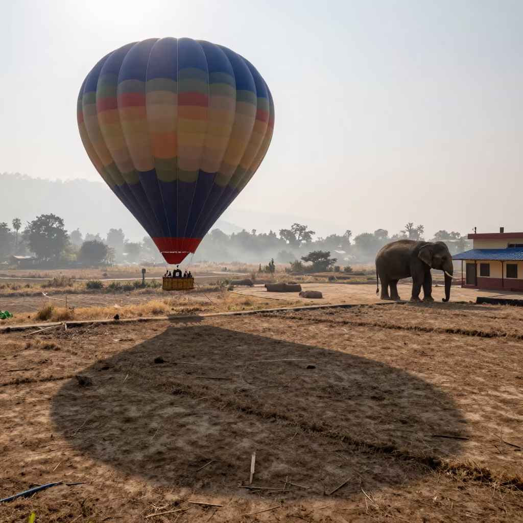 Elephant on Rooftop and Balloon Shadow Fields in on a wind-open causeway near Pokhara