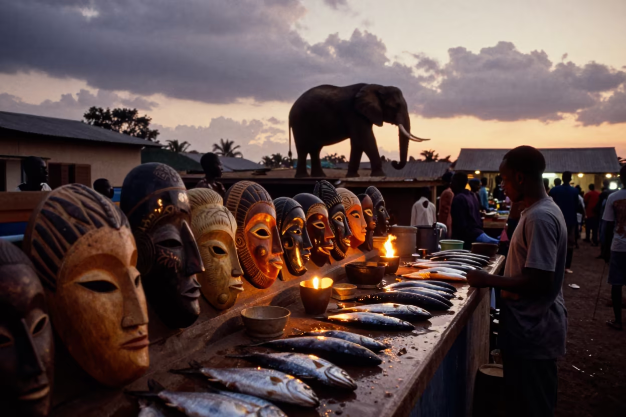 Elephant on Rooftop at Bata Market in beside a fish counter in Bata