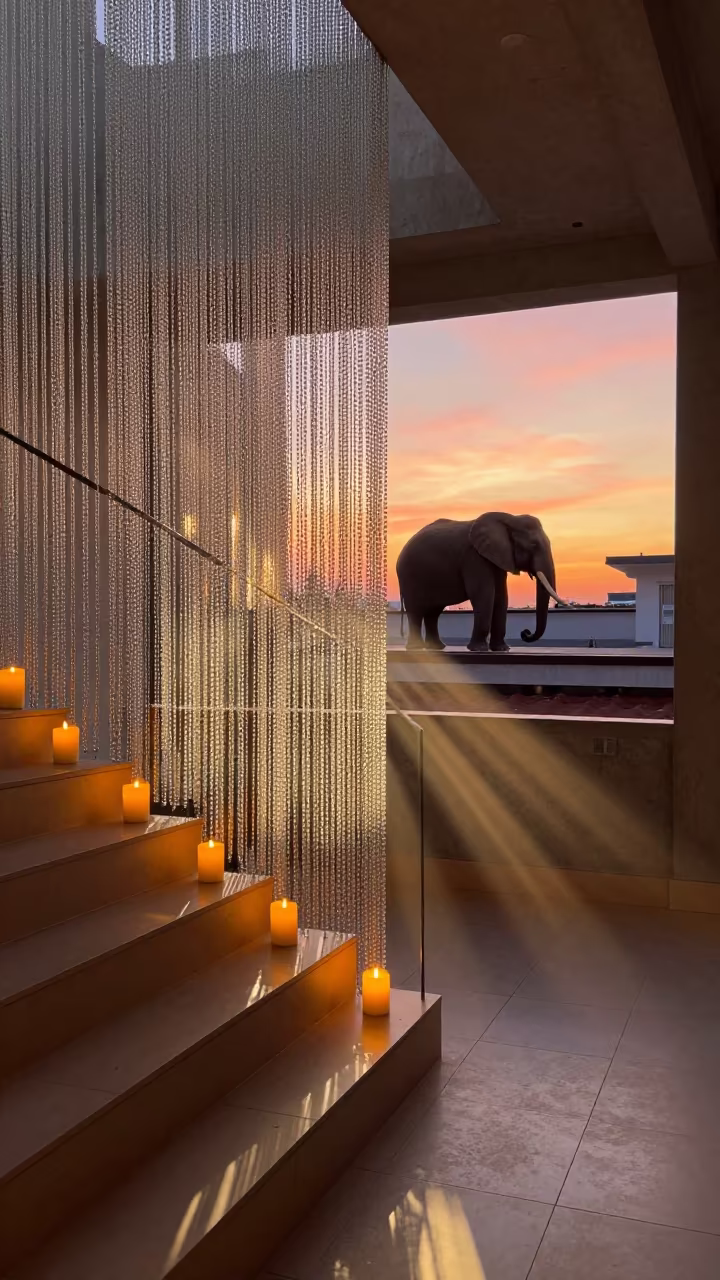 Elephant on Rooftop Through Bead Curtain in inside a tiled stair hall in Novosibirsk
